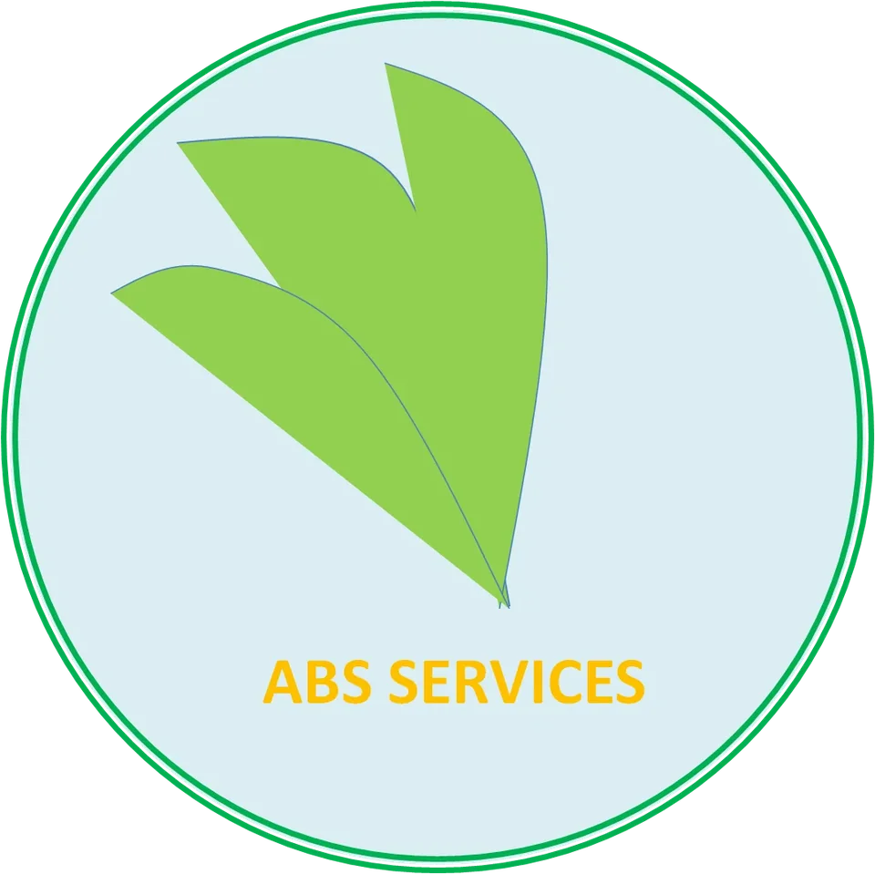 Logo rond ABS Services, feuilles vertes sur fond bleu pâle